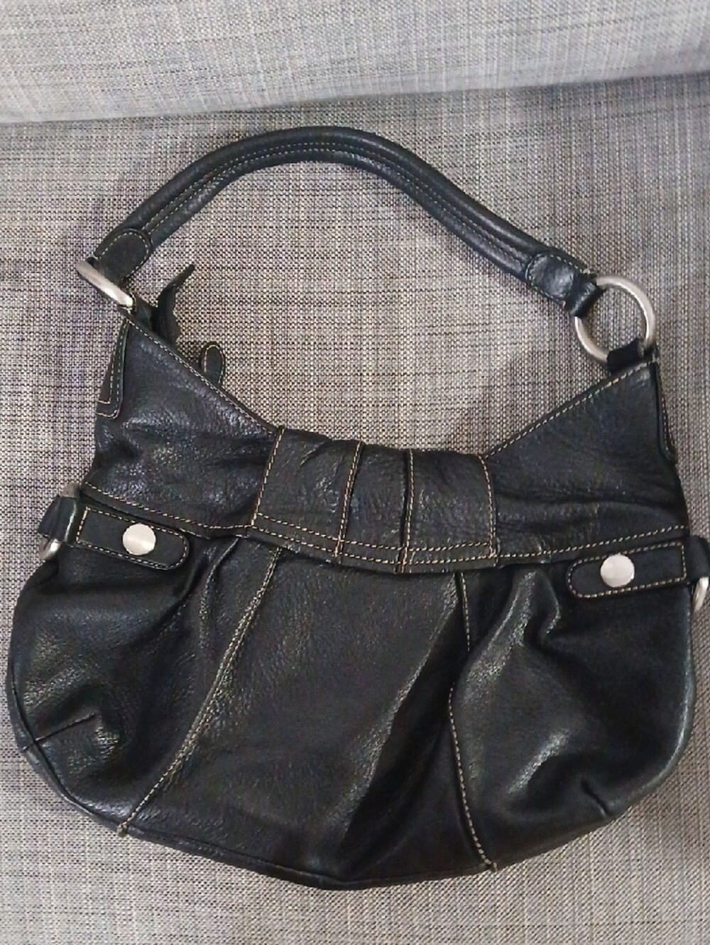 Black Shoulder Hobo Bag with Silver Ring Accent - Picture 2 of 14